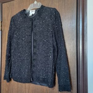 Vintage JMD New York Holiday Black Beaded Jacket P-Small Semi Sheer Silk Chiffon